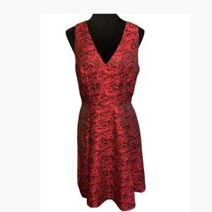 White House Black Market Red and Black Rose Motif Jacquard A-Line Dress 8 EUC